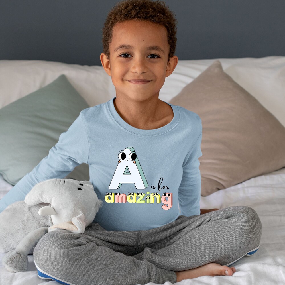 Natural Personalized Toddler Tee, Vintage Kids Shirt,A Is For Amazing Kids Long Sleeves, Toddler Crewneck Long Sleeve Shirt Startees