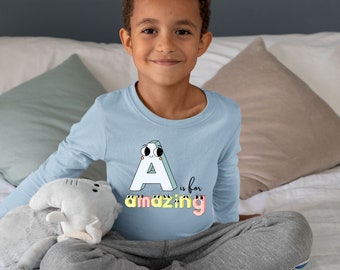 A Is for Amazing Kids Long Sleeves, Vintage kids Shirt, Natural Personalized Toddler Tee, Toddler Crewneck Long Sleeve Shirt