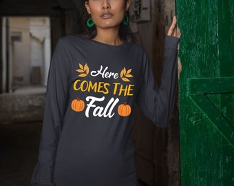 Otoño aquí viene sudadera de otoño, sudadera de otoño, suéter de otoño para hombres, suéter de otoño para mujeres, ideas de regalos de otoño, linda sudadera de otoño