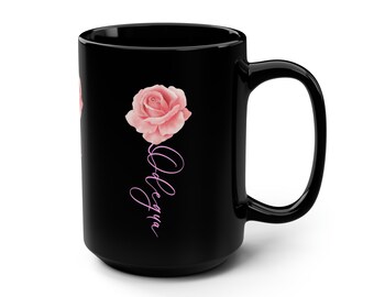 Odegua - Taza Negra, 15oz, Regalos de Cumpleaños, Taza de Cerámica Personalizada, Taza de Café, Taza Amante del Té, Taza de Su Nombre, Taza de Rosa, Taza de Té de Rosa, Taza de Rosa