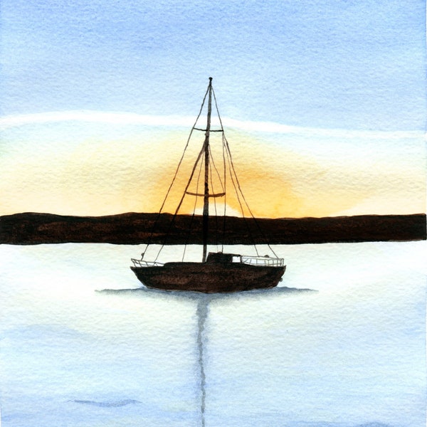 Boat at Sunrise Watercolor, Landscape Painting, Fine Art Print, Watercolor Print