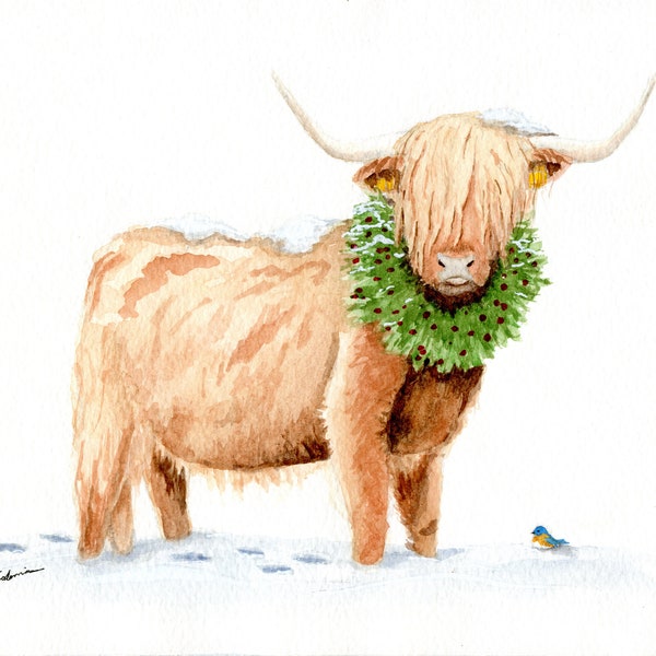 Watercolor Highland Cow, Minimal Nature Painting, Fine Art Print, Watercolor Print, Illustration