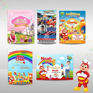 Puede incluir: Cuatro invitaciones coloridas para fiestas de cumpleaños de niños en Jollibee, una popular cadena de comida rápida filipina. Cada invitación presenta el nombre, la edad y la fecha de la fiesta de un niño diferente, junto con una mascota de dibujos animados vestida de abeja.