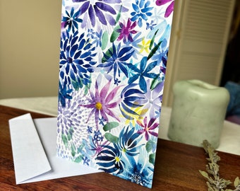 Greeting Card, single, 4x6 Blank Inside Blue Flowers card for birthdays, anniversary, all occasion cards