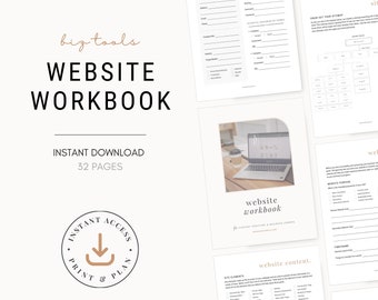 May include: A pink and white digital workbook titled "Website Workbook" with the text "biz tools" in brown lettering. The workbook is for content creators and business owners and includes 32 pages of website planning and design tips. The cover image features a laptop computer with a cup of coffee on a wooden table.