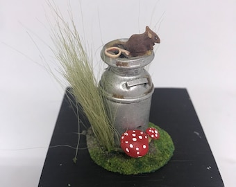 Dollhouse Miniature 1:12, Rusting Milk Can with Mouse, Rosey Duck OOAK