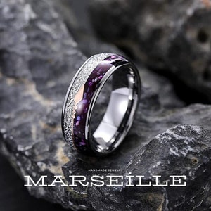 8mm Arrow Purple Agate & Meteorite Domed Tungsten Wedding Band, Tungsten Ring, Male Wedding Ring, Mens Engagement Ring, Personalized Ring