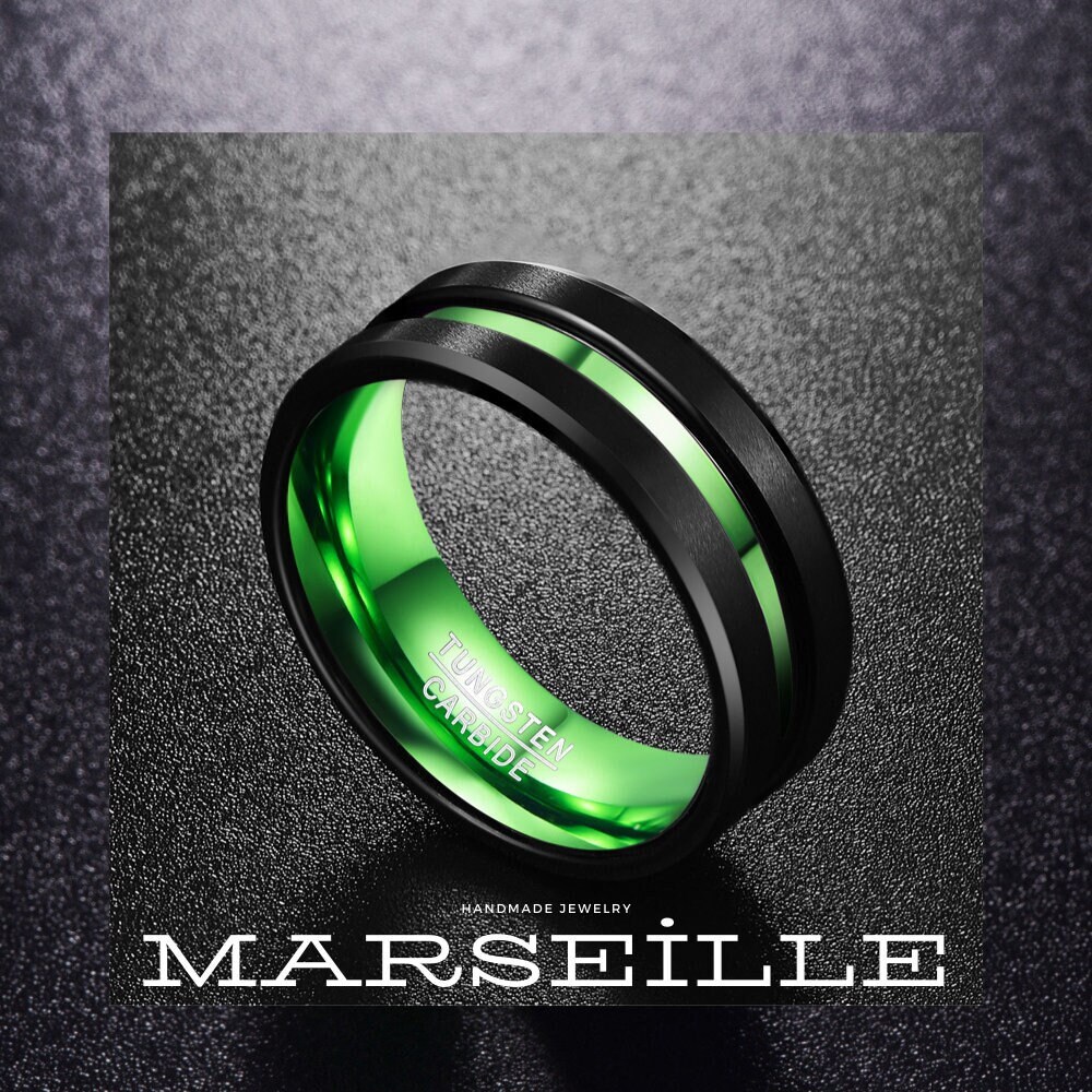 Handmade Mens Tungsten Wedding Band, Black and Green Tungsten Ring ...