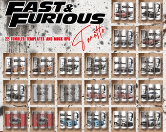 May include: A collection of 22 tumbler templates and mock-ups featuring designs inspired by the "Fast & Furious" movie franchise. The designs include images of cars, portraits, and the movie's logo. The background is a textured, light-colored surface.