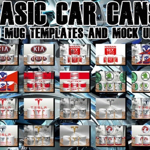 Può includere: Immagine che mostra 20 modelli e mockup di tazze con loghi di marchi automobilistici. Le tazze presentano design per Kia, Nissan, Tesla, Skoda, Seat e Vauxhall. Il testo "BASIC CAR CANS" e "20 MUG TEMPLATES AND MOCK UPS" è visualizzato.