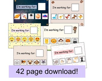 May include: A set of printable activity cards for kids. Each card features a different theme, such as space, dinosaurs, animals, and emojis. The cards have a blank space for a child to write their name and a row of images for them to choose from. The text on the cards reads "I'm working for:".
