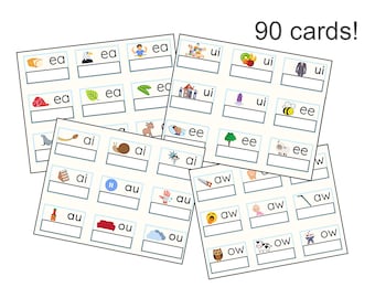 Könnte beinhalten: Ein Satz von 90 Lernkarten. Jede Karte zeigt ein Wortsegment wie "ea", "ui", "ai", "aw" oder "ow", zusammen mit einem passenden Bild. Die Karten sind weiß mit schwarzem Text und farbigen Illustrationen.