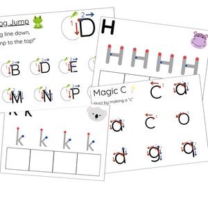 Puede incluir: Un conjunto de hojas de trabajo imprimibles para aprender la formación de letras. Las hojas de trabajo presentan una rana, un hipopótamo y un koala, e incluyen instrucciones para escribir letras como "D", "H", "C", "K", "B", "M", "N", "P", y "E".