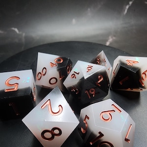 Ashes and Ember Polyhedral Dice Set | RPG Dice | DnD Dice | Black & White Blend | Copper Inking | Loot Included | Free Ship 35+
