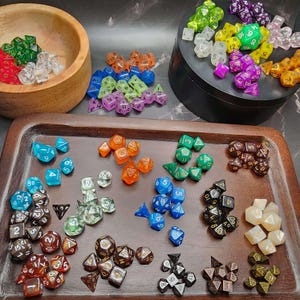 Mini Polyhedral Acrylic Dice Set | DnD RPG Travel Dice, Burlap Bag