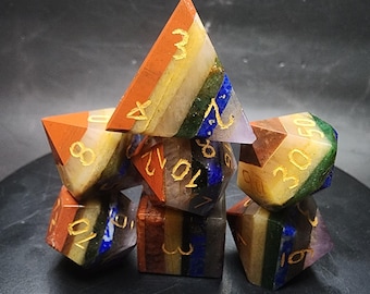 Rainbow Chakra Dice Set | DnD Dice | Pride LGBTQ+ Dice | Hand-Cut TTRPG Polyhedral Dice | Natural Stone RPG Dice Set | Includes Box & Loot!