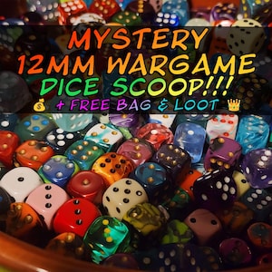 May include: A bowl filled with a variety of colorful 12mm dice. The dice are made of different materials, including plastic, metal, and glass. The dice are in a variety of colors, including red, blue, green, yellow, and black. The dice are all 12mm in size. The image includes the text "Mystery 12mm Wargame Dice Scoop!! + FREE Bag & Loot".