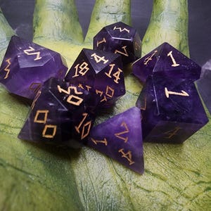 Amethyst | Gemstone DnD Dice | Polyhedral Dice Dungeons and Dragons | Hand-Cut TTRPG Polyhedral Dice | Natural Stone Dice Set |