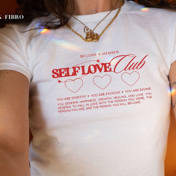 Self Love Club Y2K Baby Tee Self Care Shirt Mental Health T-shirt Selflove Gift Affirming Positivity Trendy Tops Women Ladies Teen Girl Cute