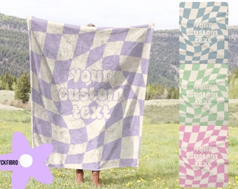 Custom Trendy Checkered Throw Cute Preppy Blanket Adult Trendy Birthday Gift Bestie Teen Kid Aesthetic Checker Pink Green Purple Blue Fuzzy