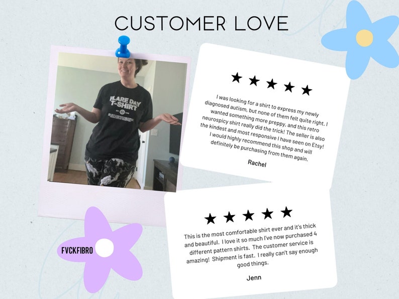 May include: A black t-shirt with the text "FLARE DAY T-SHIRT" and a person wearing the shirt. The image includes customer reviews and the text "CUSTOMER LOVE".