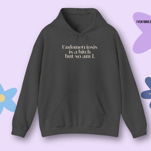 May include: Dark gray hoodie with a front pocket and drawstring hood. The text "Endometriosis is a bitch but so am I." is printed in white. The Etsy shop name FYCKFIBRO.ETSY.COM is in the upper right corner.