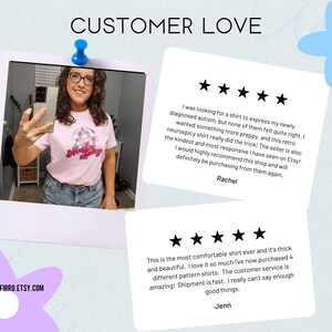 May include: A light pink t-shirt with a retro graphic that says "Neurospicy" in a colorful design. The image includes customer reviews and the website address FVCKFIBRO.ETSY.COM.