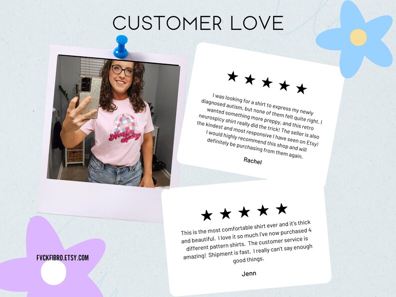 May include: A light pink t-shirt with a retro graphic that says "Neurospicy" in a colorful design. The image includes customer reviews and the website address FVCKFIBRO.ETSY.COM.