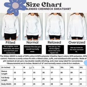 May include: Size chart for a blended crewneck sweatshirt. The chart shows measurements in inches for sleeve length, full body length, and body width. The chart includes sizes S, M, L, XL, 2XL, 3XL, 4XL, and 5XL. The chart also includes descriptions of the fit for each size: fitted, normal, relaxed, and oversized.