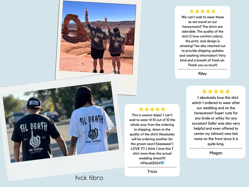 Puede incluir: Camisetas gr&aacute;ficas en blanco y negro con el texto "TIL DEATH" y una mano haciendo la peineta. Las camisetas las lleva una pareja. La imagen tambi&eacute;n incluye una foto de una formaci&oacute;n rocosa natural.