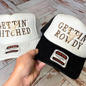 Western Bachelorette Truckers Embroidered Gettin' Hitched Gettin' Rowdy Hats Matching Nashville Bach Party Cowgirl Jackson Hole Austin Cute