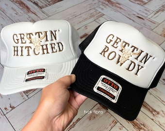 Western Bachelorette Truckers Embroidered Gettin' Hitched Gettin' Rowdy Hats Matching Nashville Bach Party Cowgirl Jackson Hole Austin Cute
