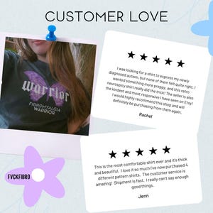 Puede incluir: Dos rese&ntilde;as de clientes para una camiseta con una mariposa morada y el texto "warrior" y "fibromyalgia warrior". La primera rese&ntilde;a es de cinco estrellas y dice "Estaba buscando una camiseta para expresar mi autismo reci&eacute;n diagnosticado, pero ninguna me sentaba bien. Quer&iacute;a algo m&aacute;s preppy, y esta camiseta retro neurospicy realmente hizo el truco. &iexcl;El vendedor tambi&eacute;n es el m&aacute;s amable y receptivo que he visto en Etsy! Recomiendo encarecidamente esta tienda y definitivamente volver&eacute; a comprarles. Rachel". La segunda rese&ntilde;a es de cinco estrellas y dice "Esta es la camiseta m&aacute;s c&oacute;moda que he tenido y es gruesa y hermosa. Me encanta tanto que ya he comprado 4 camisetas con diferentes patrones. &iexcl;El servicio al cliente es incre&iacute;ble! El env&iacute;o es r&aacute;pido. Realmente no puedo decir lo suficiente sobre lo buenas que son. Jenn".