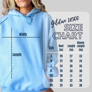 May include: A size chart for Gildan 18500 hoodies, showing measurements in inches for bust, length, and sleeve length for sizes S through 4XL.