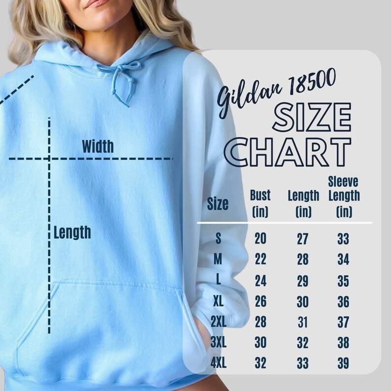 May include: A size chart for Gildan 18500 hoodies, showing measurements in inches for bust, length, and sleeve length for sizes S through 4XL.
