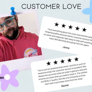 May include: Two customer reviews with five-star ratings for an Etsy shop. The reviews praise the shop owner's excellent customer service, prompt shipping, and high-quality products. The text includes the words "UMHELL AND SALTY" and "FVCKFIBRO".