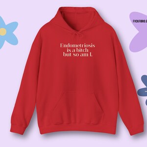 May include: Red hoodie with the text "Endometriosis is a bitch but so am I." The hoodie has a front pocket and a drawstring hood. The Etsy shop URL "FYCKFIBRO.ETSY.COM" is visible. The background includes blue and purple flower illustrations.