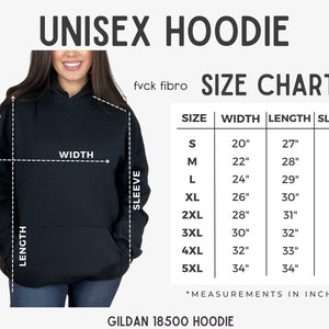 May include: Black unisex hoodie with a size chart. The chart shows measurements in inches for width, length, and sleeve length, ranging from size S to 5XL. The text "UNISEX HOODIE" is at the top.