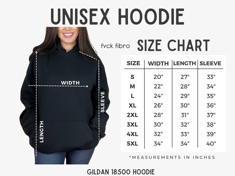 May include: Black unisex hoodie with a size chart. The chart shows measurements in inches for width, length, and sleeve length, ranging from size S to 5XL. The text "UNISEX HOODIE" is at the top.