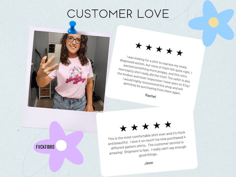 May include: Two customer reviews for a pink t-shirt with a graphic design of a colorful checkered ball. The reviews are both five stars and include positive comments about the shirt's comfort, style, and the seller's customer service.