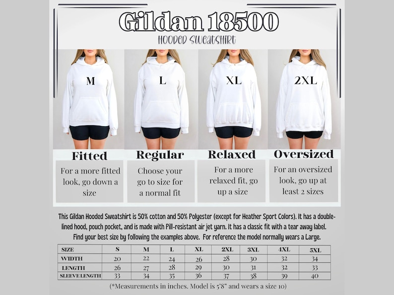 May include: A size chart for Gildan 18500 hooded sweatshirts. The chart shows the width, length, and sleeve length in inches for sizes S through 5XL. The chart also includes information about the fit of the sweatshirt, such as fitted, regular, relaxed, and oversized.