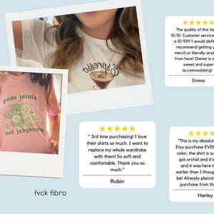 May include: Pink t-shirt with the text "pass joints not judgments" and a graphic of two cartoon bears. The image also shows a white t-shirt and customer reviews.