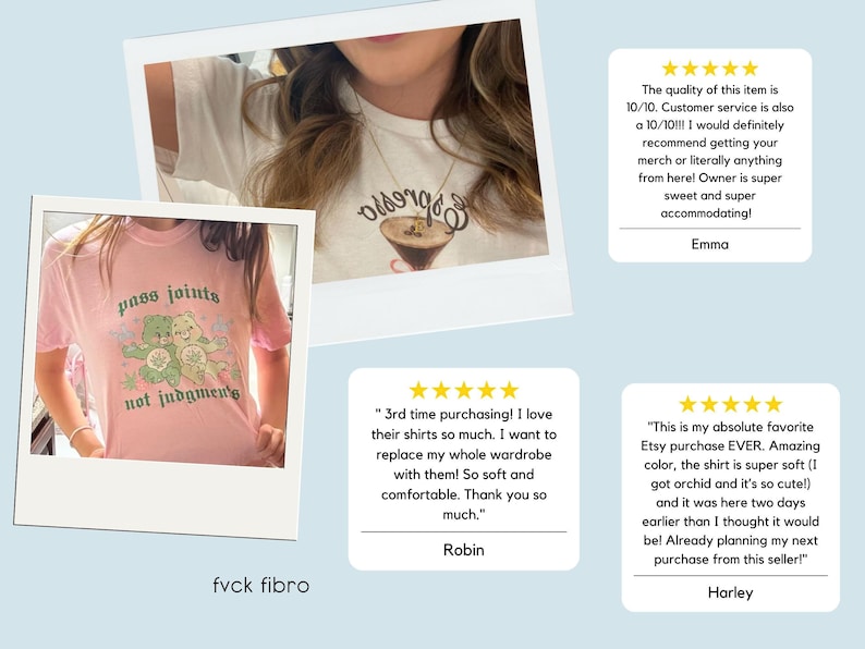 May include: Pink t-shirt with the text "pass joints not judgments" and a graphic of two cartoon bears. The image also shows a white t-shirt and customer reviews.