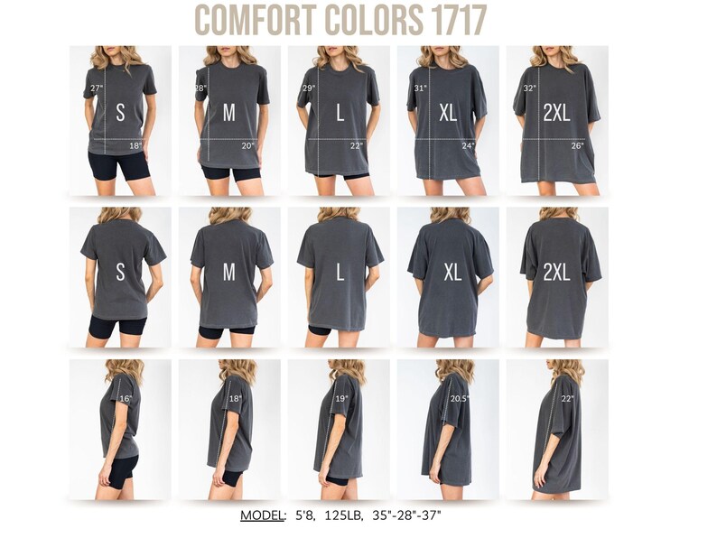 Puede incluir: Exhibici&oacute;n de camisetas Comfort Colors 1717 en tallas S, M, L, XL y 2XL. Las camisetas gris oscuro se muestran desde diferentes &aacute;ngulos. Se proporcionan medidas en pulgadas, con equivalentes aproximados en cm.