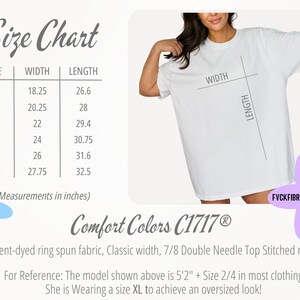 May include: Size chart for a white t-shirt with measurements in inches. The chart shows the width and length of the shirt in sizes S, M, L, XL, 2XL, and 3XL. The text "Comfort Colors C1717&reg;" is also visible.