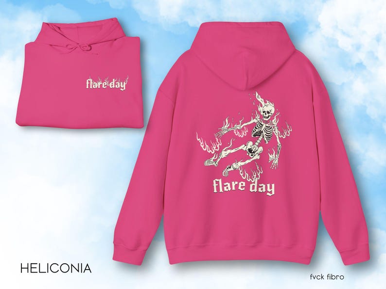 May include: Pink hoodie with a skeleton graphic and the text "flare day" on the back. The front of the hoodie has the text "flare'day" in white.