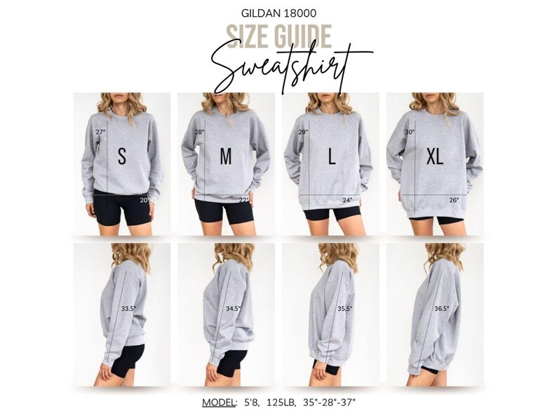 Puede incluir: Gu&iacute;a de tallas para una sudadera gris Gildan 18000, con medidas para las tallas S, M, L y XL. La imagen muestra vistas frontal y lateral de la sudadera, con medidas en pulgadas. La modelo mide 1,73 m y pesa 56,7 kg.