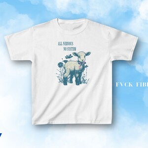 May include: White t-shirt featuring a lamb illustration with the text "ALL NERVOUS NO SYSTEM". The lamb is surrounded by flowers and wears a pink bow. The text "FVCK FIBRO" is printed on the right side of the shirt.
