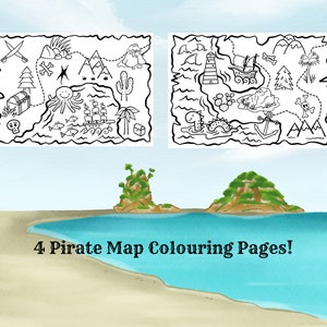 4 Pirate Treasure Maps Colouring Pages in PDF Format - For Travel and Kids