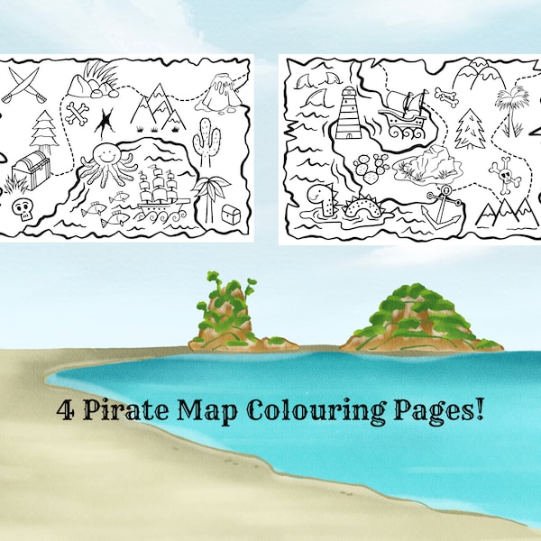 4 Pirate Treasure Maps Colouring Pages in PDF Format - For Travel and Kids